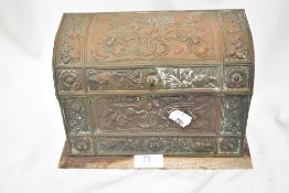 An ealy 20th century letter rack desk top tidy having a brass embossed and oak case