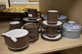 A mid century Hornsea Pottery Impact pattern part tea set with two Tapestry pattern containers.