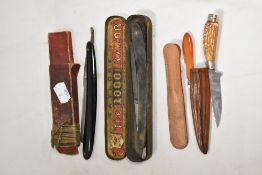 Two Victorian cut throat razors with two smaller knives.