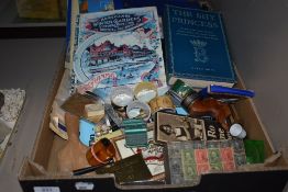 A selection of curios and trinkets including Morecabe interest ephemera.