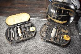Two vintage genuine Jaguar Mark II or Daimler car tool boxes with appropriately marked tools for