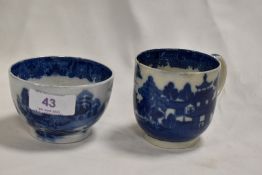 An 18th century pearl ware tea bowl with a similar tea cup tin glazes with transfer printed