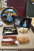 Two small snuff boxes with two cigarette cases and two Edwardian pictures.