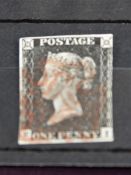 GB, 1840 1D PENNY BLACK, CORNER LETTERS EI, 3 MARGINS, RED MALT X CANX Penny black, three margins,