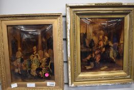 Two early 20th century crystoleums, 18th century interior scenes, framed (AF) sold together with a