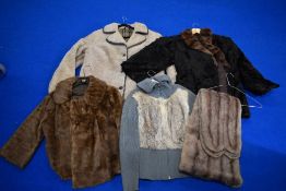 Two fur jackets, a fur stole (possibly dyed mink) one rayon jacket with Coney front and a