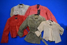 Four 80s/90s suede jackets, including red example, sold alongside a red leather jacket.