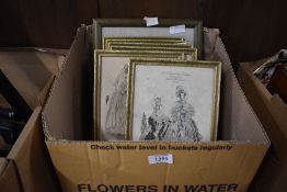 A set of six late 19th century coloured French fashion prints, each within Hogarth type frames, 18cm
