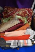 A box full of vintage and modern fabrics etc.