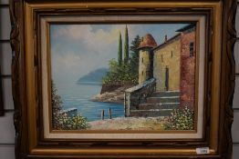 A 20th century oil on canvas, Italian lake scene, signed Rossin, within a moulded gilt frame 49cm