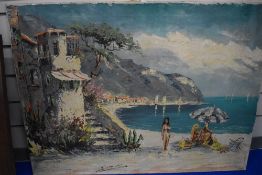 A late 20th century impasto oil on canvas, European beach scene with sunbathers, indistinctly signed