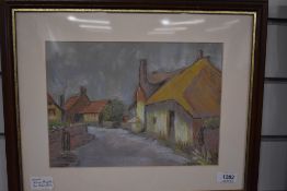 Jenny Angold (contemporary) coloured chalks, rural hamlet, signed and dated 1990 lower left,