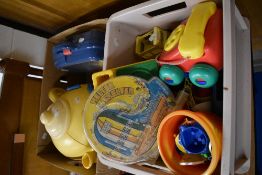 Two boxes of vintage childrens toys and games, mainly plastic, not Fisher Price