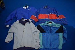 Four retro sports jackets, including one with advertising for Barnum duck pin lanes and lounge,