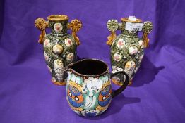 A pair of small Alhambrian vases with a Swiss Thoune pottery jug AF.