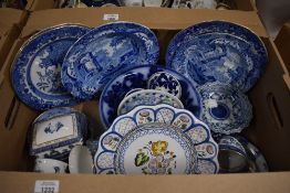 A collection of blue and white items including Burleighware 'Willow' plates and a Royal Doulton '