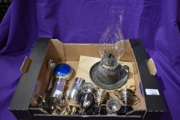A small selection of hardware including plated ware, miniature trophy's and oil chamber stick