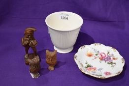 Three wooden carved figures of a Gnome and two owls with a Royal Crown Darby dish and Wedgwood