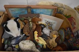 A lovely box of wildlife and floral themed items, various bird studies in all mediums, a badger soft
