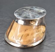 An interesting silver-mounted horse hoof inkwell, the hinged cover engraved 'Blarney Stone 20-3-