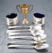 A group of six mixed Georgian and later silver Old English pattern teaspoons, each with bright-cut