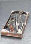 A group of mixed silver items, to include a silver mounted tray, silver banded clothes brush, silver