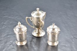 A pair of Queen Elizabeth II silver condiments, of faceted cylindrical form with a band of Celtic