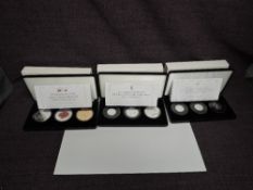 Three Jubilee Mint Tristan Da Cunha Silver Coin Sets, Elizabeth II 90th Birthday £5, £2 and £1