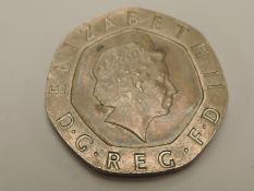 A Queen Elizabeth II 20p Coin, no date but was produced in 2008, known as Mule Coin