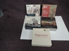 Five Royal Mint Silver Proof Coins in cases and outer card boxes, 2015 £5 200th Anniversary Battle