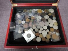 A wooden case containing World Coins including Silver and Hammered, 1860 Farthing, 1771 Half