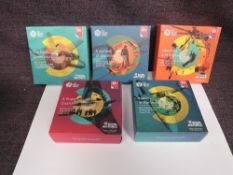 Five Royal Mint RAF Centenary 2018 UK Two Pound Silver Proof Coins, in cases with outer card