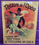 A reproduction printed metallic theatre sign 'Theatre De L'Opera, Carnaval 1896, 42cm x 31cm