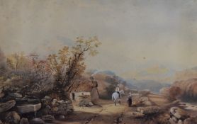 A 19th century Lake District scene watercolour, a quiet rural road with figures, unsigned, within