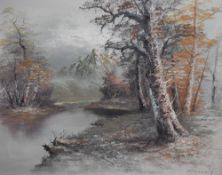 A 20th century oil on canvas, winter woodland scene with river and mountains, nondescript