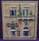 A modern Italian cast composite diorama, Venitian building facade, framed, marked Antonio Moli