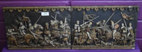 A pair of cast-resin relief-moulded plaques, depicting the battle of Crecy 1346, 22cm x 32cm some