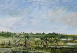 M Johnson (contemporary) watercolour, pasture scene, named verso, within a card mount and moulded