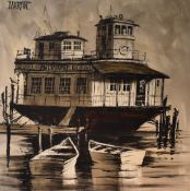 A large mid-century Giclee print on canvas, a striking image of a moored boat 'Neptune' facsimile