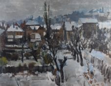 An interesting mid-century oil on canvas, winter townscape, a view across snow covered gardens and