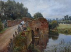 Sidney Currie (British act.1892-1930) oil on canvas, river scene with sandstone bridge and boys