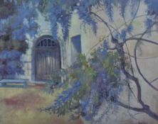 After Madge Bright (Australian b.1939) colour print, arched door from the garden, within a stepped