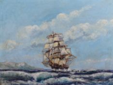 G H Macarthy (contemporary) oil on board, depicting a masted ship at sea, signed at bottom right