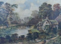 A late 19th century oil on canvas, landscape with river, figures, thatched cottages and ruined