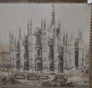 Two early 20th century machined tapestrys, views of Milan and Venice, each within gilt slip