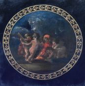 An 18th/19th century oil on panel, depicting Putto or Cherubim at play around a flaming log, all