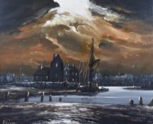 Edward M Elliott (British 20th century) an attractive mid-century oil on board, London estuary scene