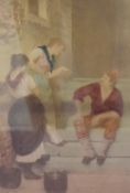 An early 20th century hand-tinted print, depicting a playful exchange between a seated gentleman and