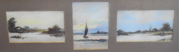 An early 20th century triptych watercolour, coastal scenes, thought to be local, within gilt