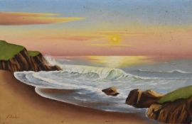 H Foster (20th century) naive oil on board with vibrant colours, believed to be Heysham Cove at